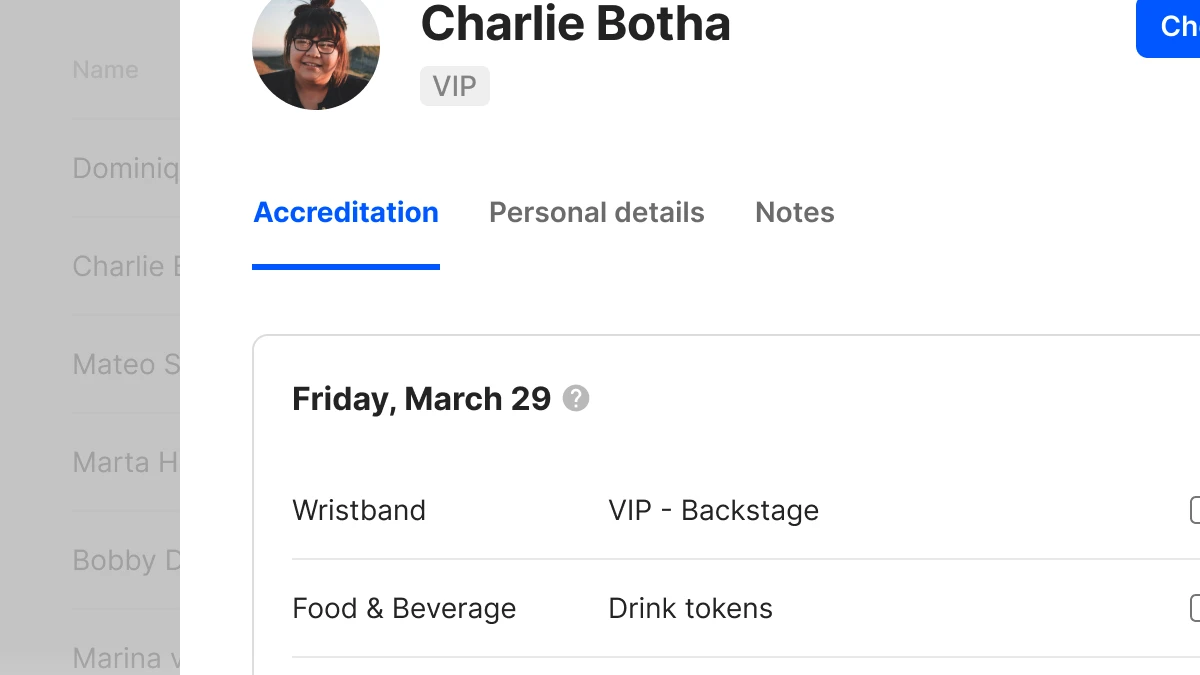 The check-in screen in In2event, opened on a VIP’s accreditation