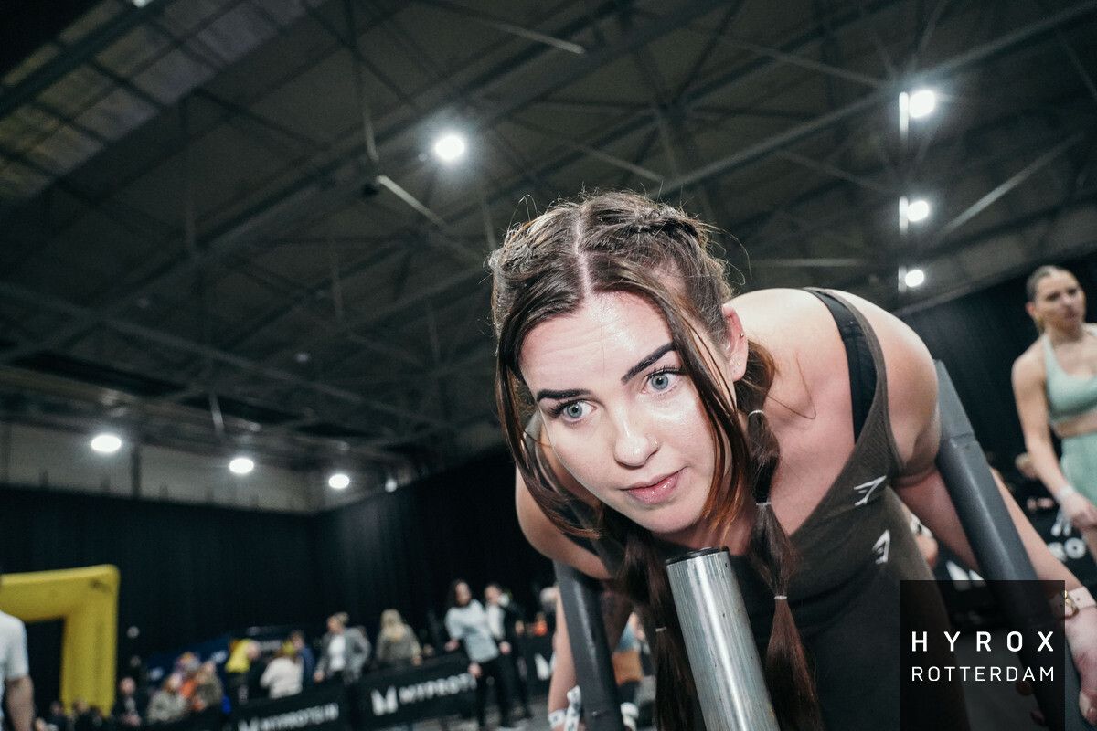 An athlete pushing a sled at HYROX Rotterdam